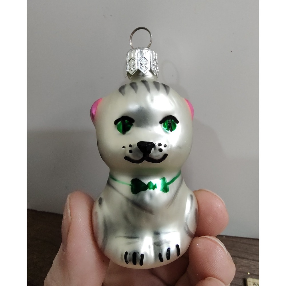 Christmas Kitty Hand Crafted Blown Glass Ornament Christina's World Pink Collar